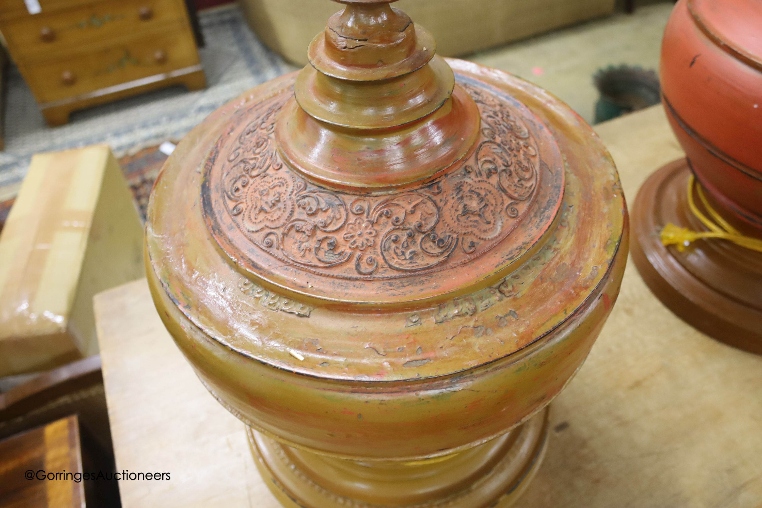 A near pair of offertory bowls, now as lamps, height 47cm